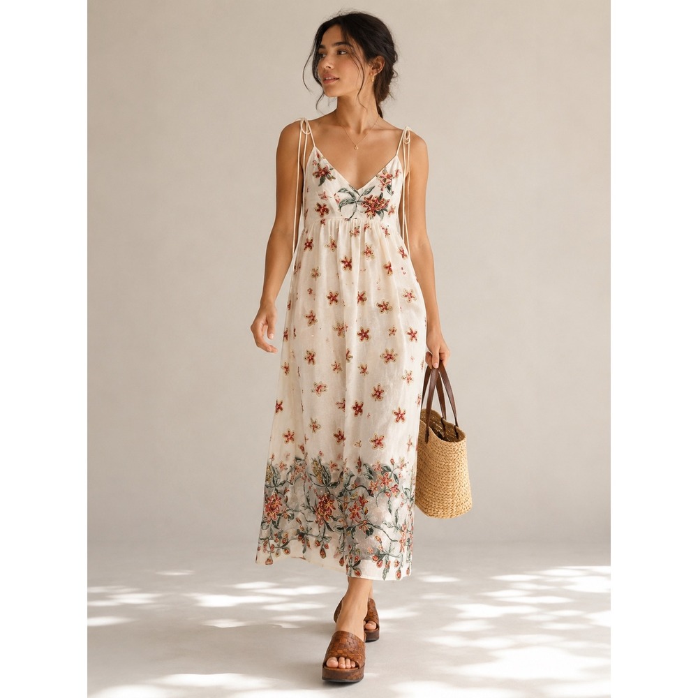 BCBGeneration Maxi‎ Dress Women's Size XS Cream Good Floral Embroidered